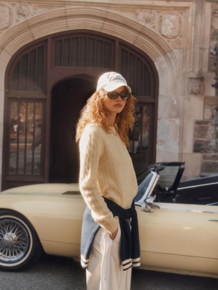 CASHMERE VARSITY CABLE CREWNECK