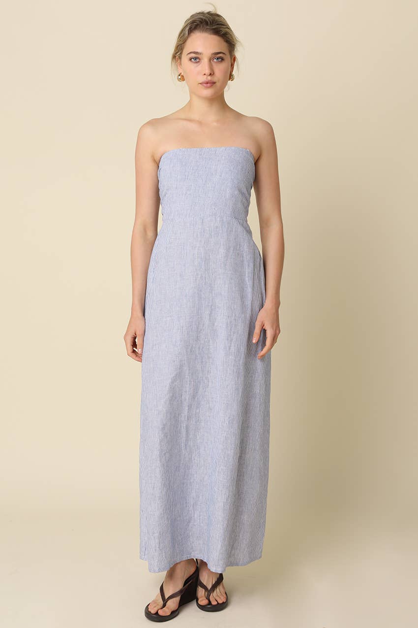 Samantha Strapless Linen Dress in Blue Stripe