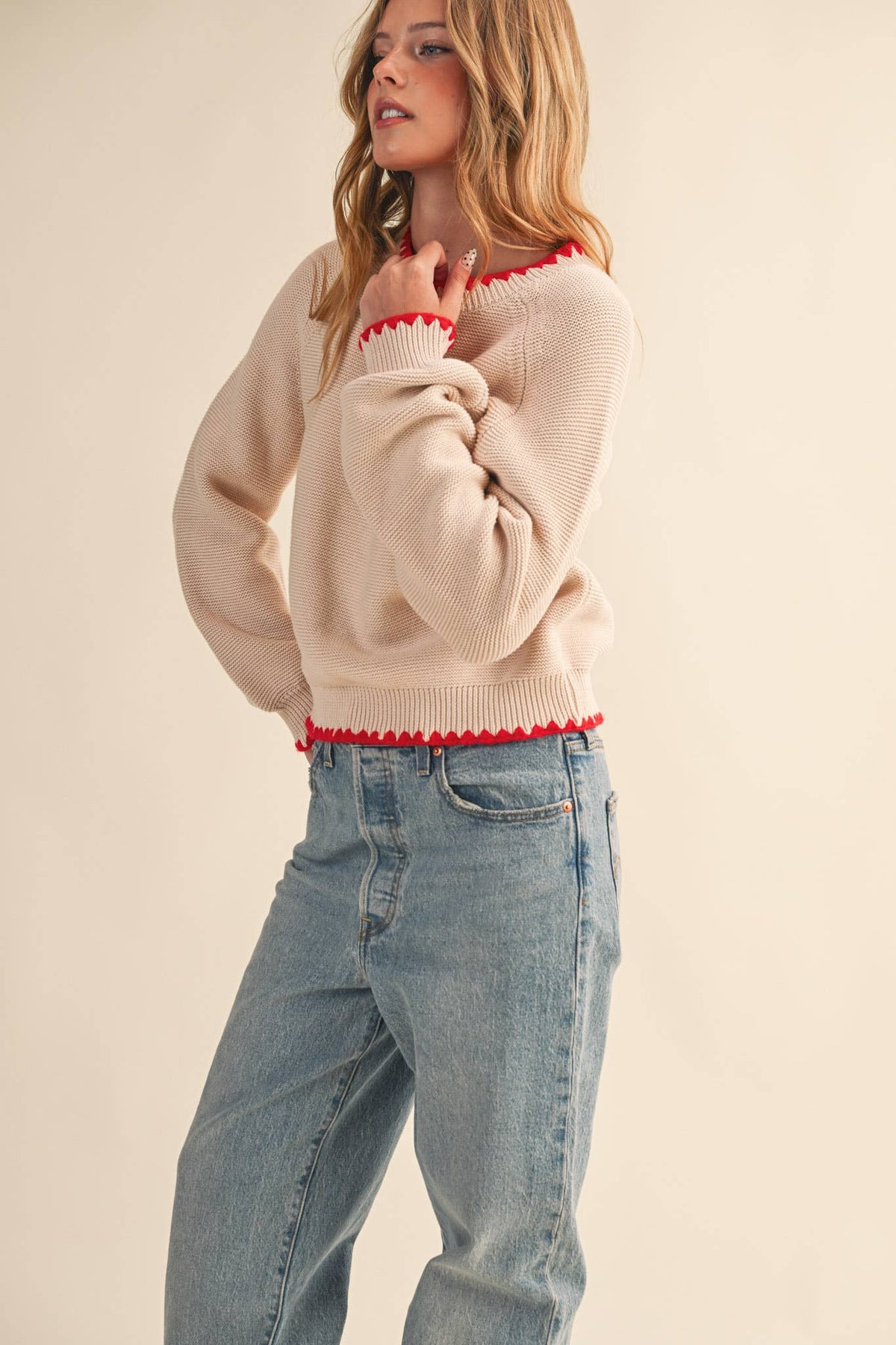 Kennedy Puff Sleeve Sweater in Almond & Red