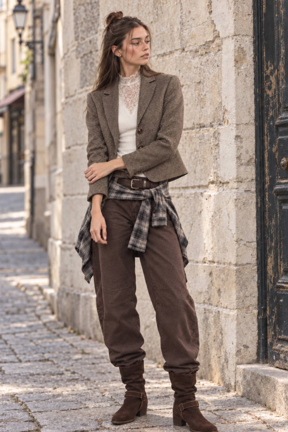 Howard Cropped Jacket in Brown Herringbone