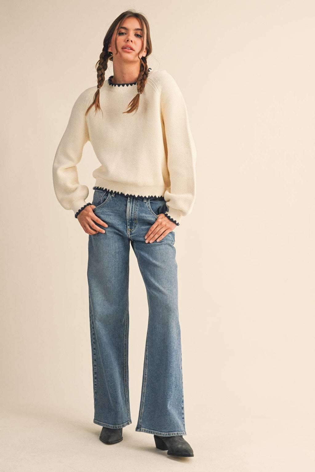Kennedy Puff Sleeve Sweater in Ivory & Navy