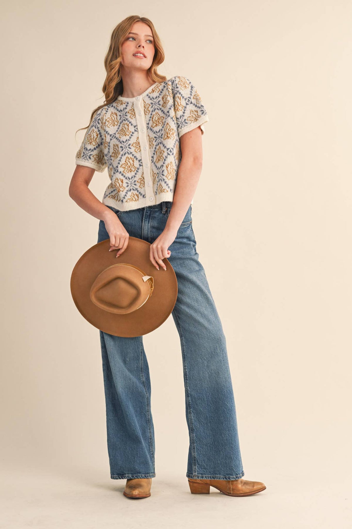 Kiki Floral Short Sleeve Cardigan Sweater in Ivory & Blue