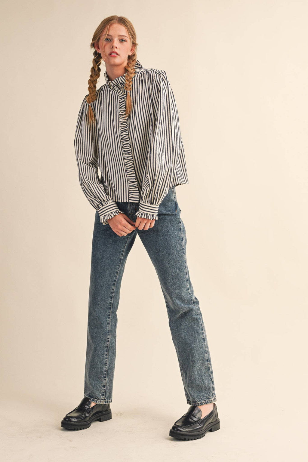 Clara Striped Button Down Top in Black