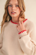 Kennedy Puff Sleeve Sweater in Almond & Red