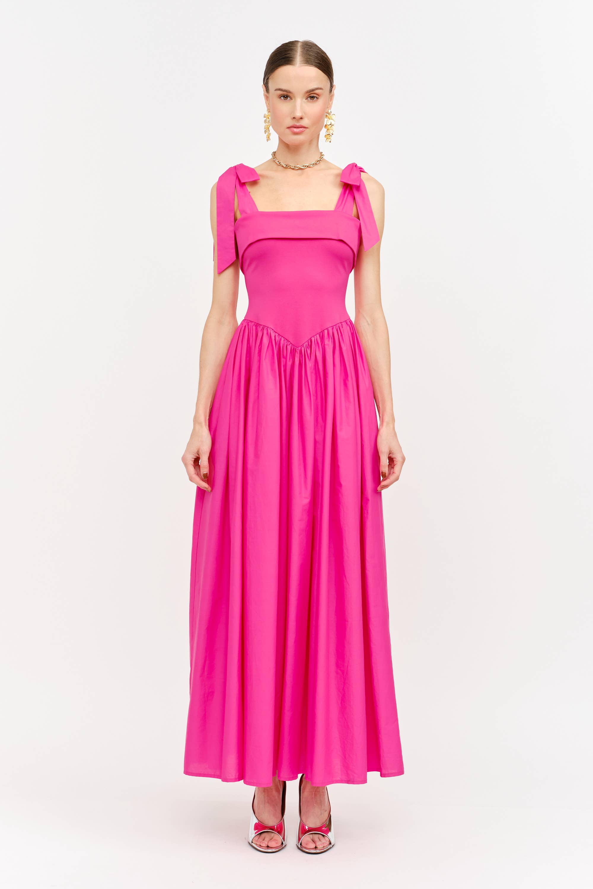 Clara Shoulder Tie Dress in Hot Pink
