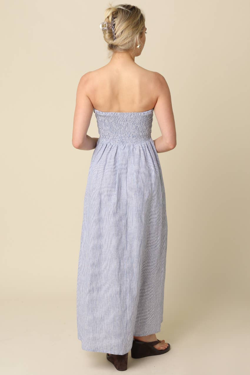Samantha Strapless Linen Dress in Blue Stripe