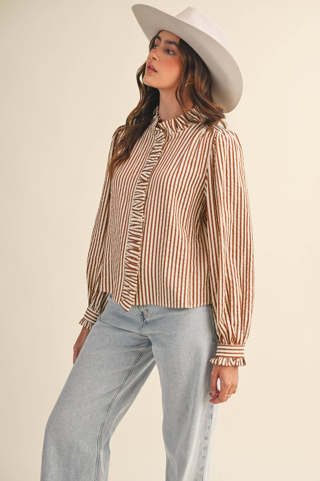 Clara Striped Button Down Top in Pecan Brown