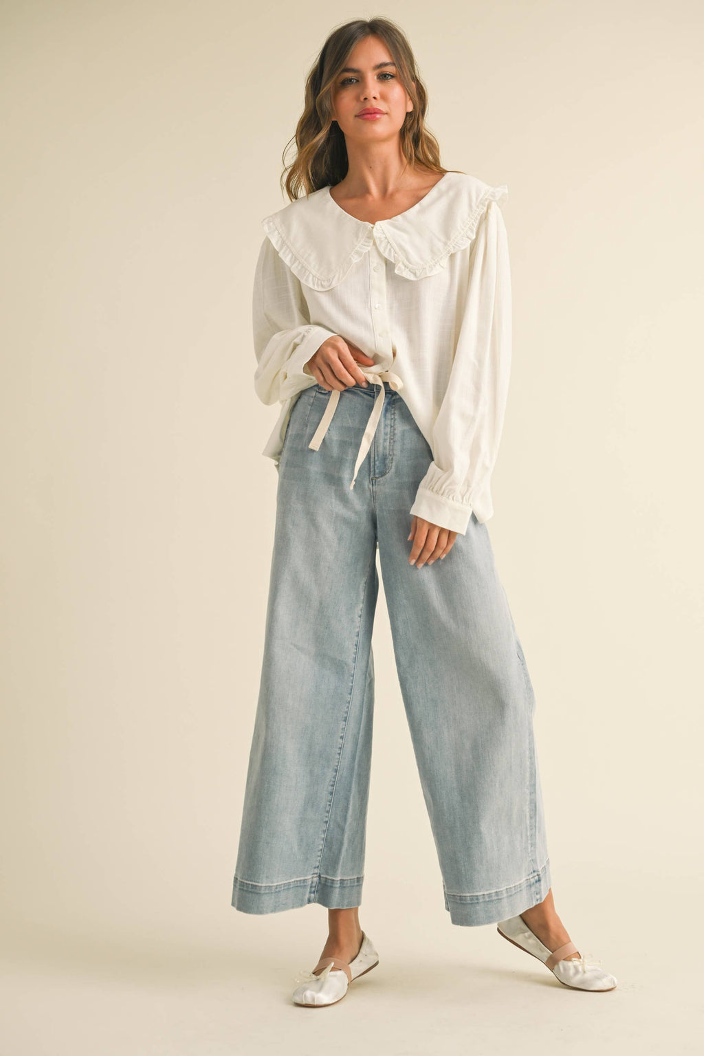 Lola Washed Denim Tie Front Pants