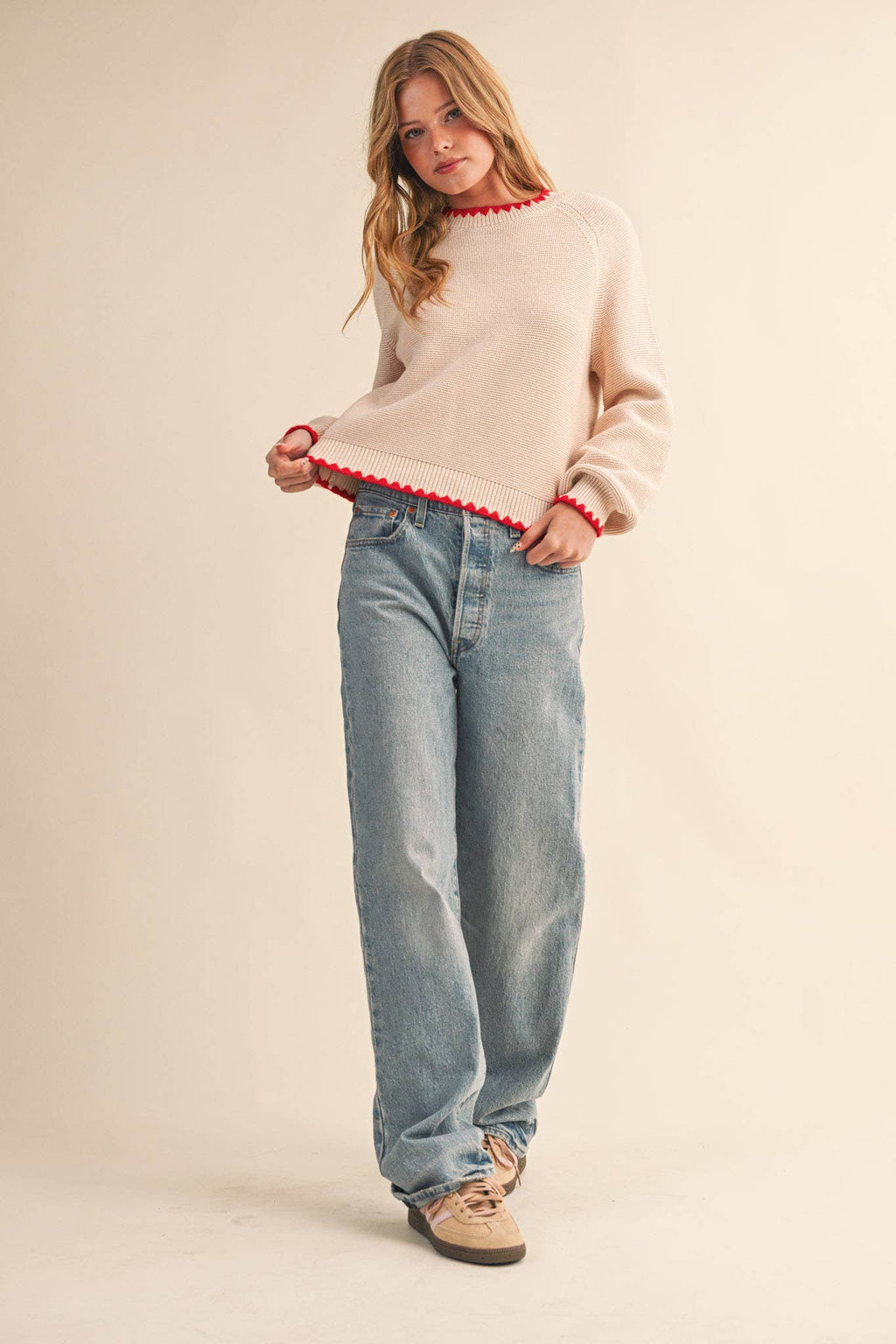 Kennedy Puff Sleeve Sweater in Almond & Red