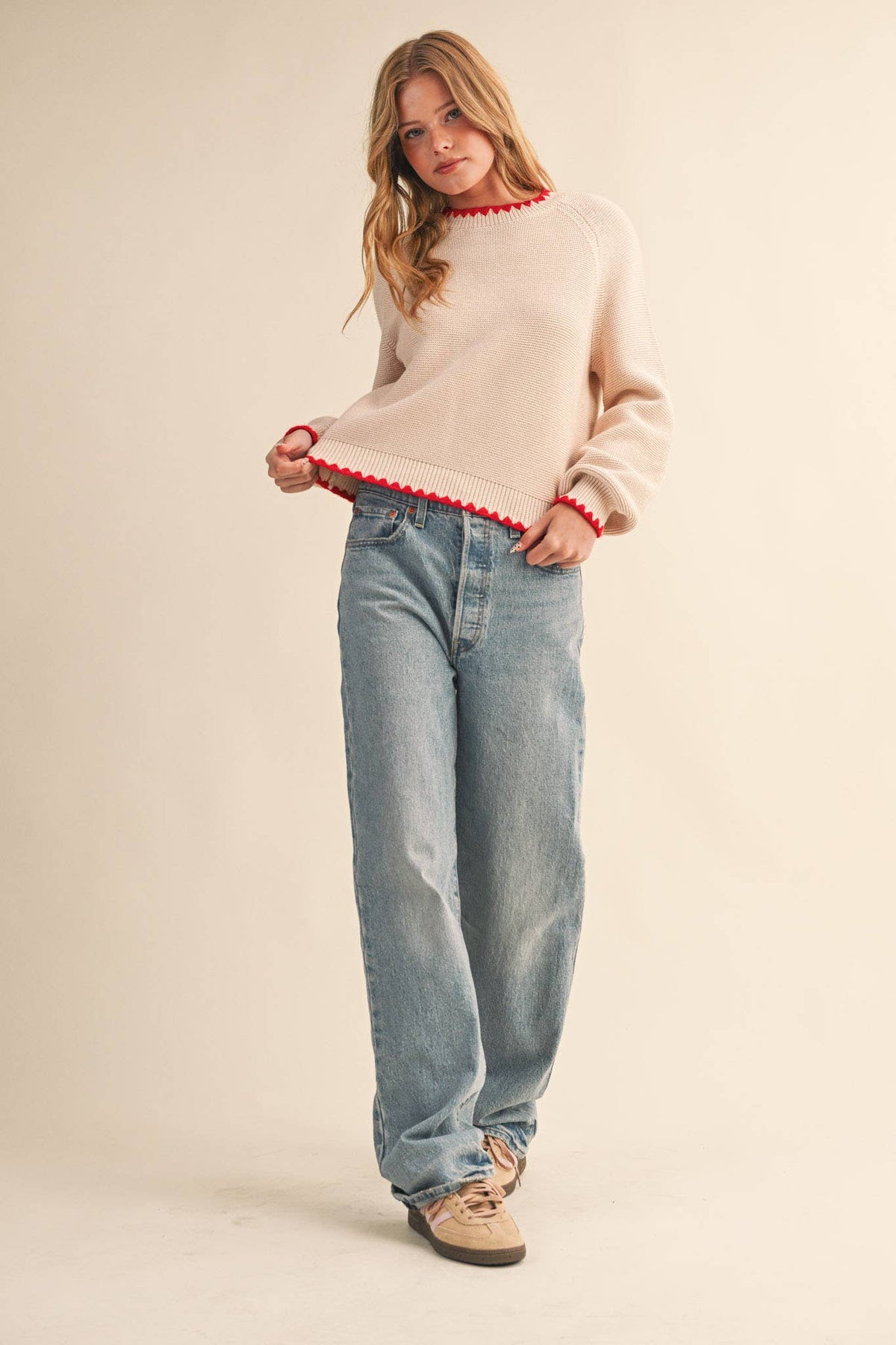 Kennedy Puff Sleeve Sweater in Almond & Red