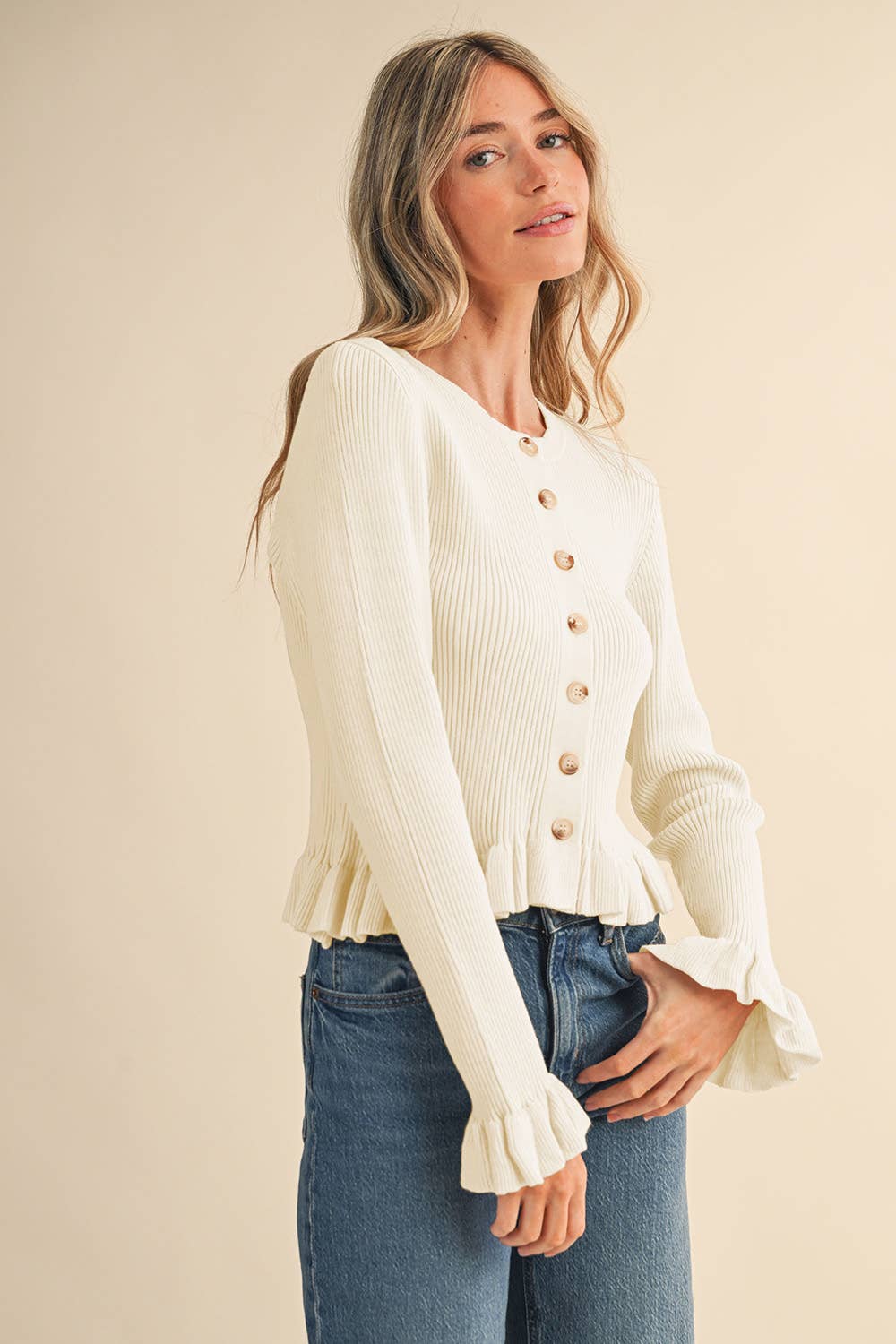 Hannah Ruffle Hem Cardigan Sweater in Cream