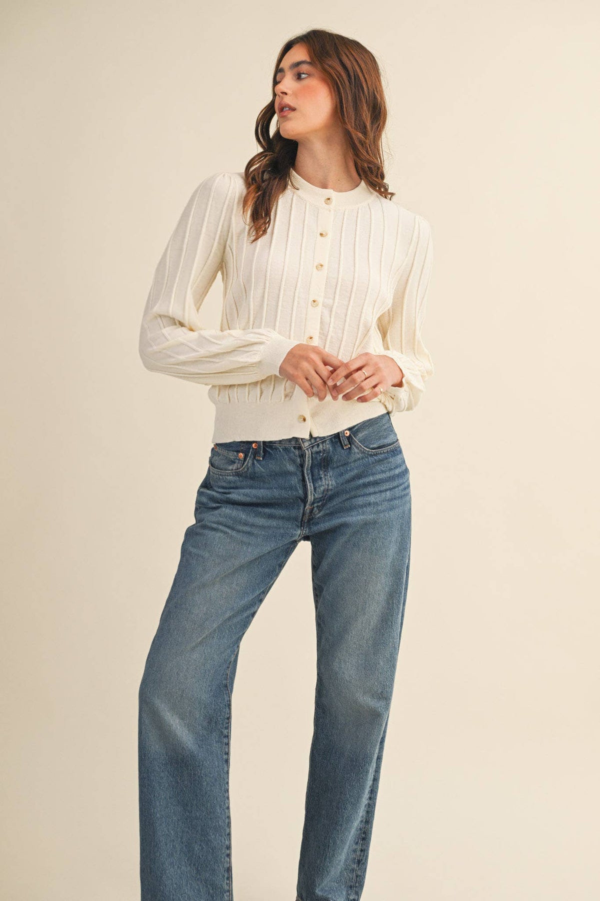 Rowan Ribbed Sweater Cardigan in Ivory