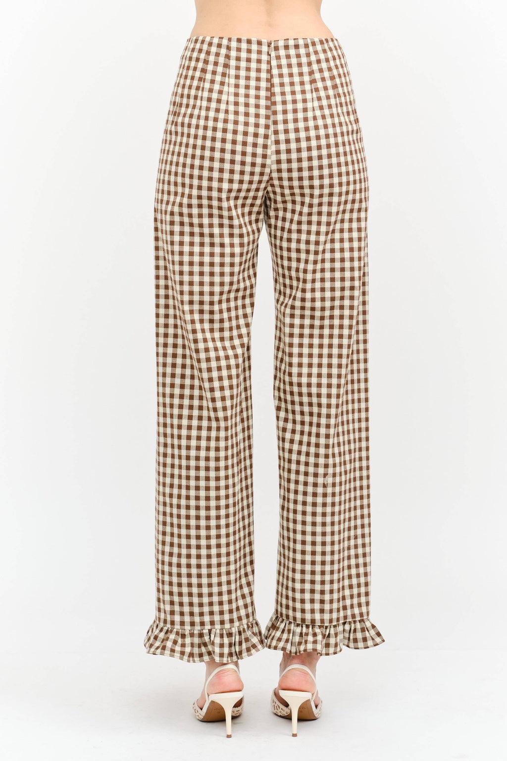 Gracie Gingham Pant with Ruffle Hem in Brown