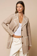 Catherine Button Front Coat in Sand with White Contrast Trim