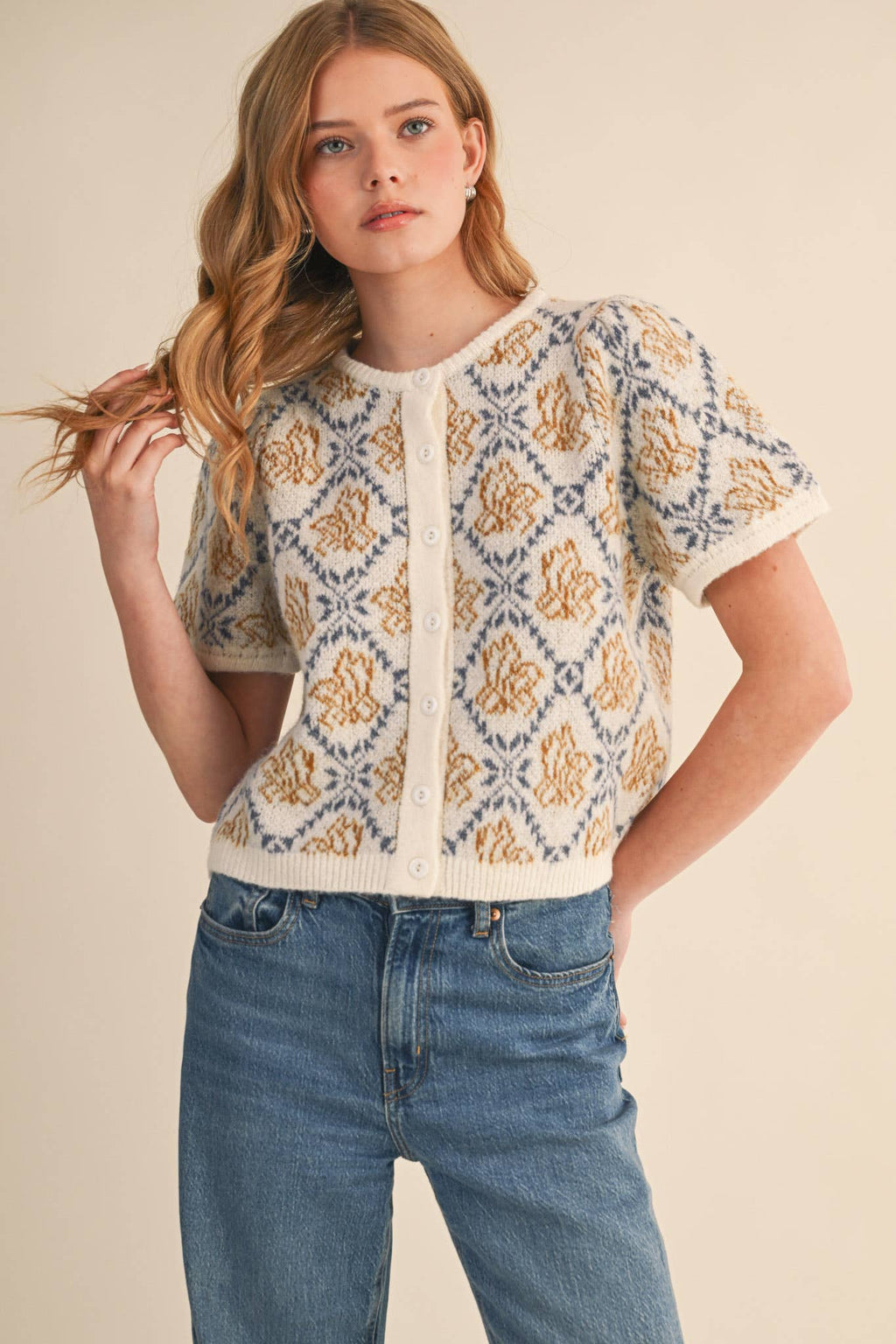 Kiki Floral Short Sleeve Cardigan Sweater in Ivory & Blue