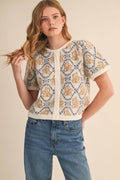 Kiki Floral Short Sleeve Cardigan Sweater in Ivory & Blue