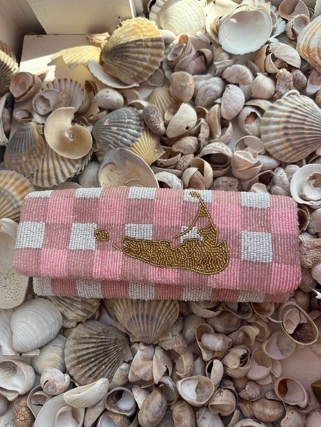 Light Pink Gingham Island Beaded Clutch