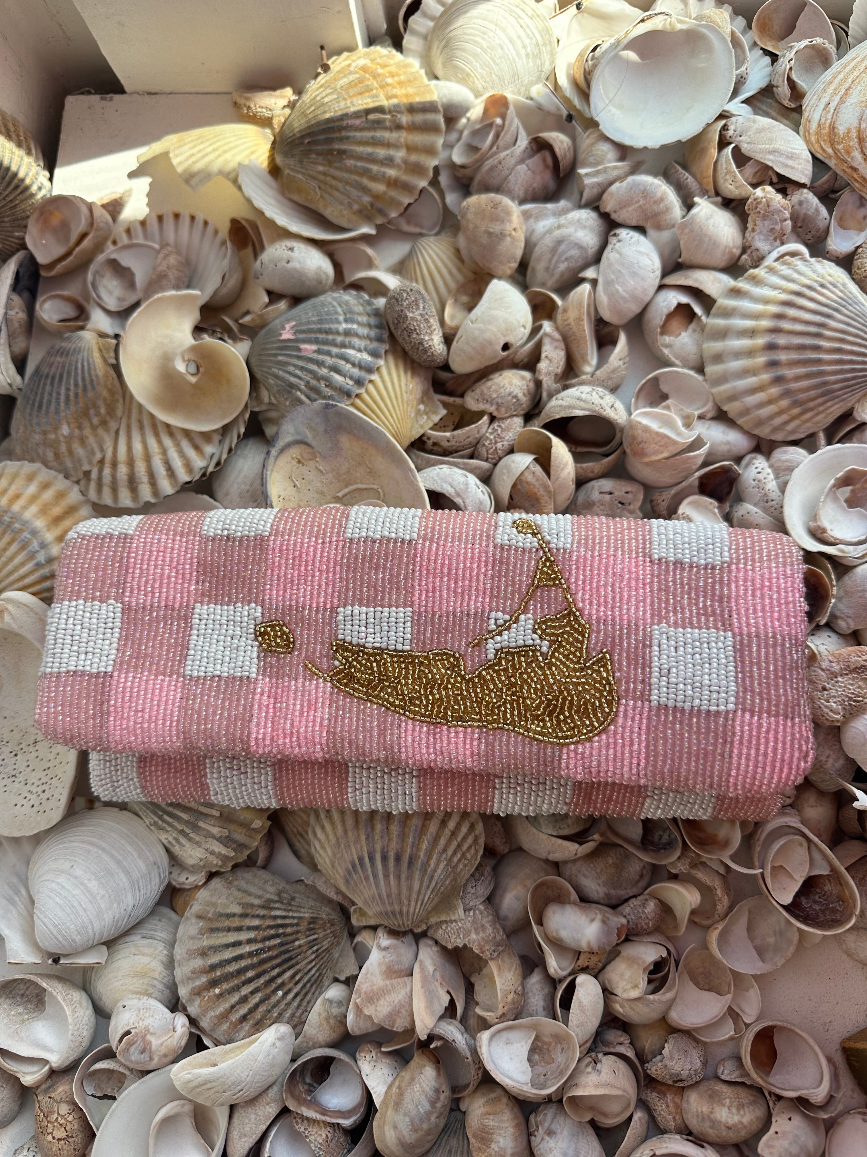 Light Pink Gingham Island Beaded Clutch