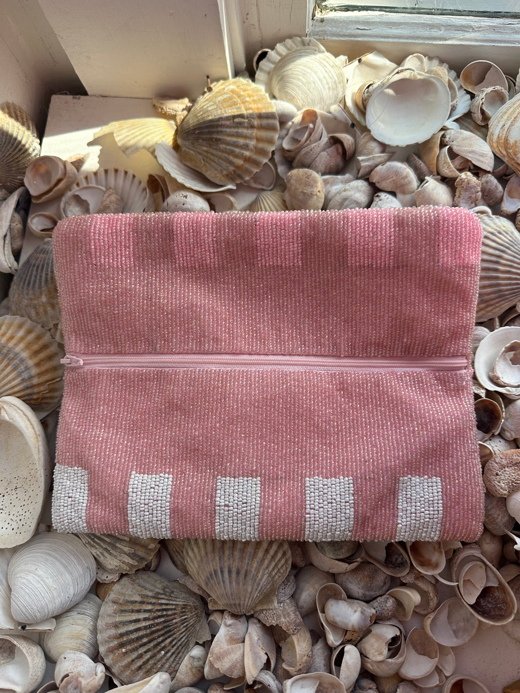 Light Pink Gingham Island Beaded Clutch