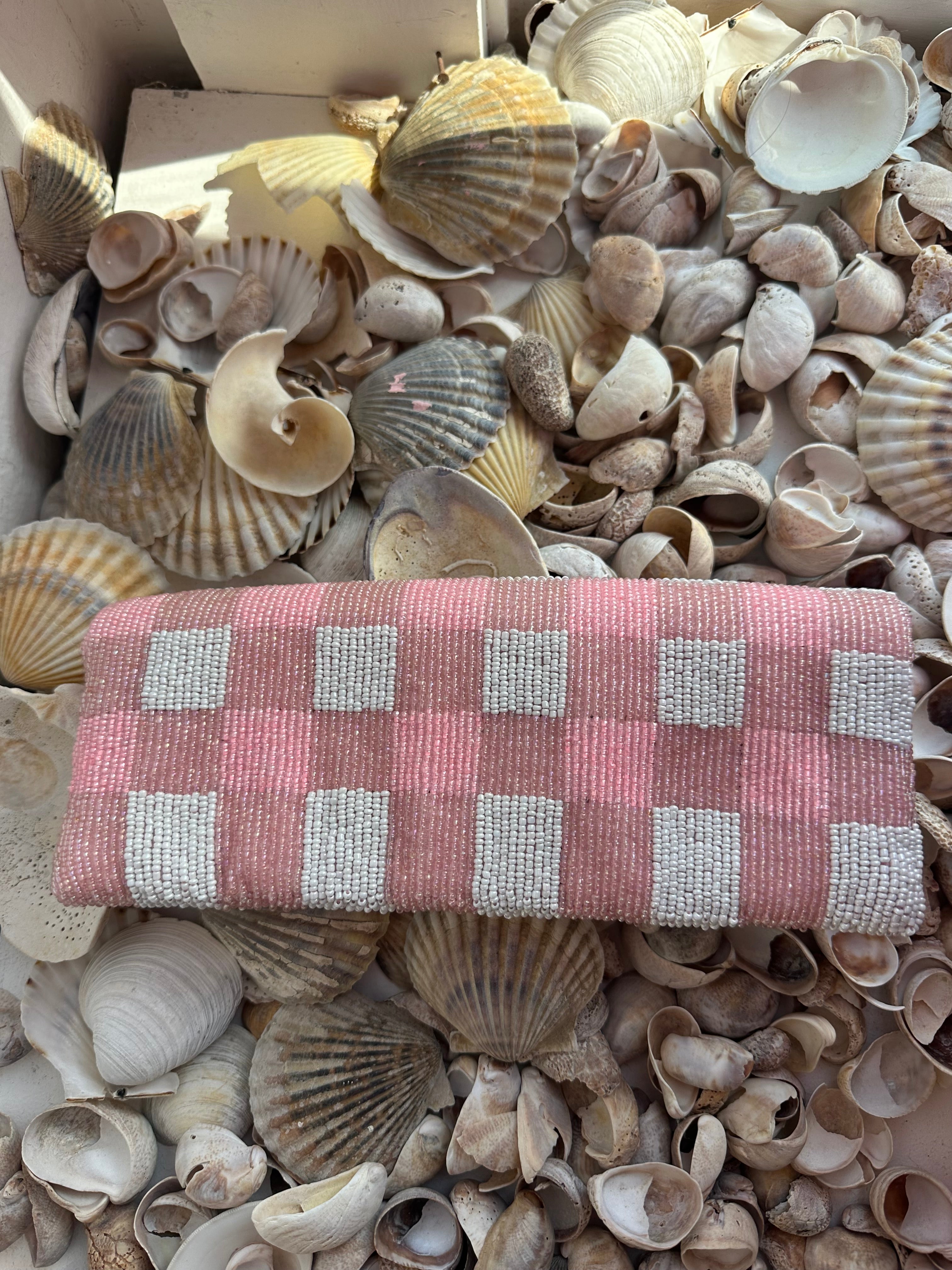 Light Pink Gingham Island Beaded Clutch