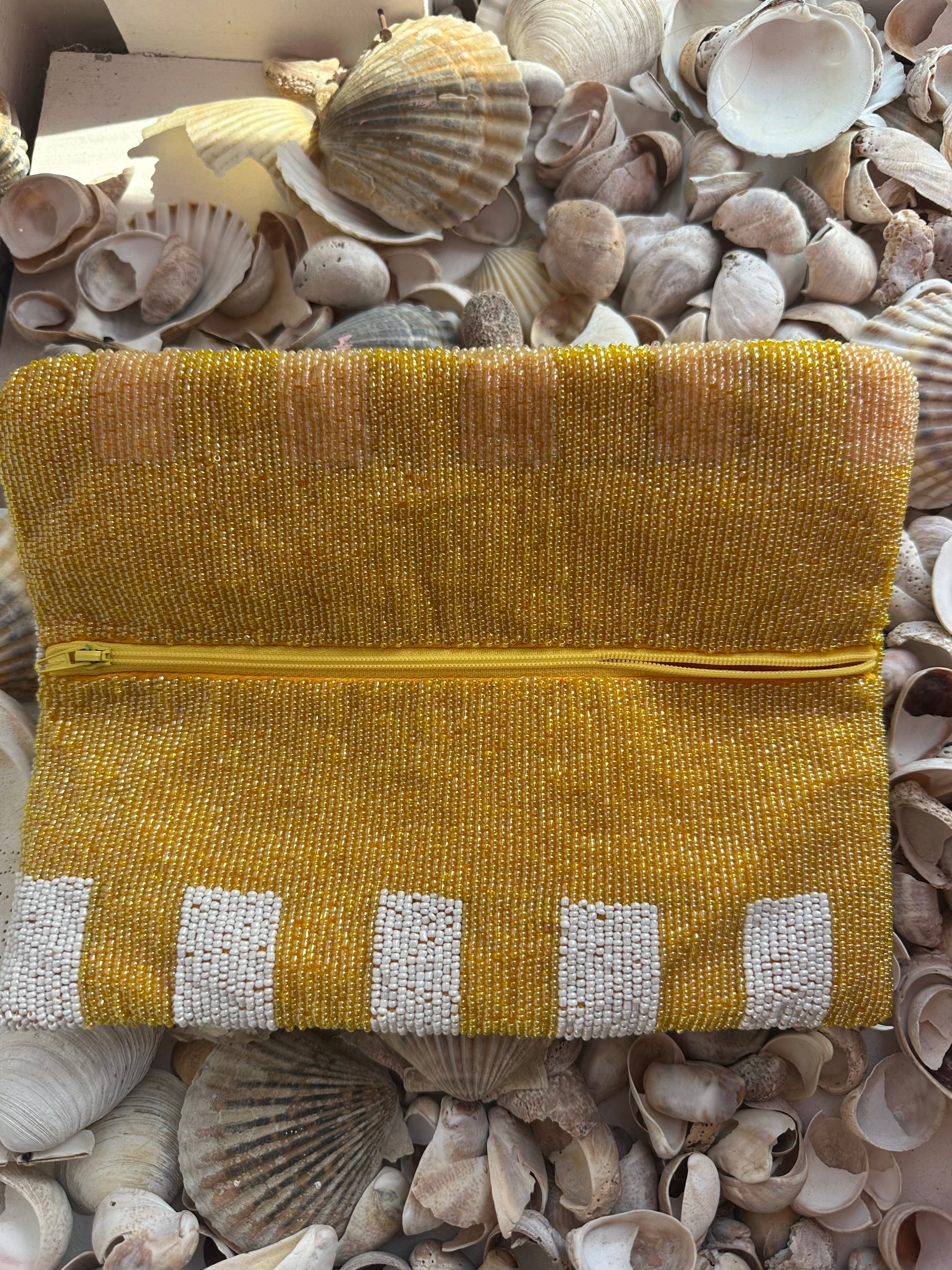 Yellow Gingham Island Beaded Clutch
