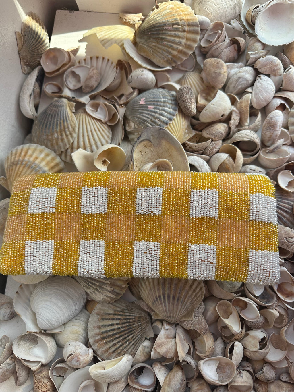 Yellow Gingham Island Beaded Clutch