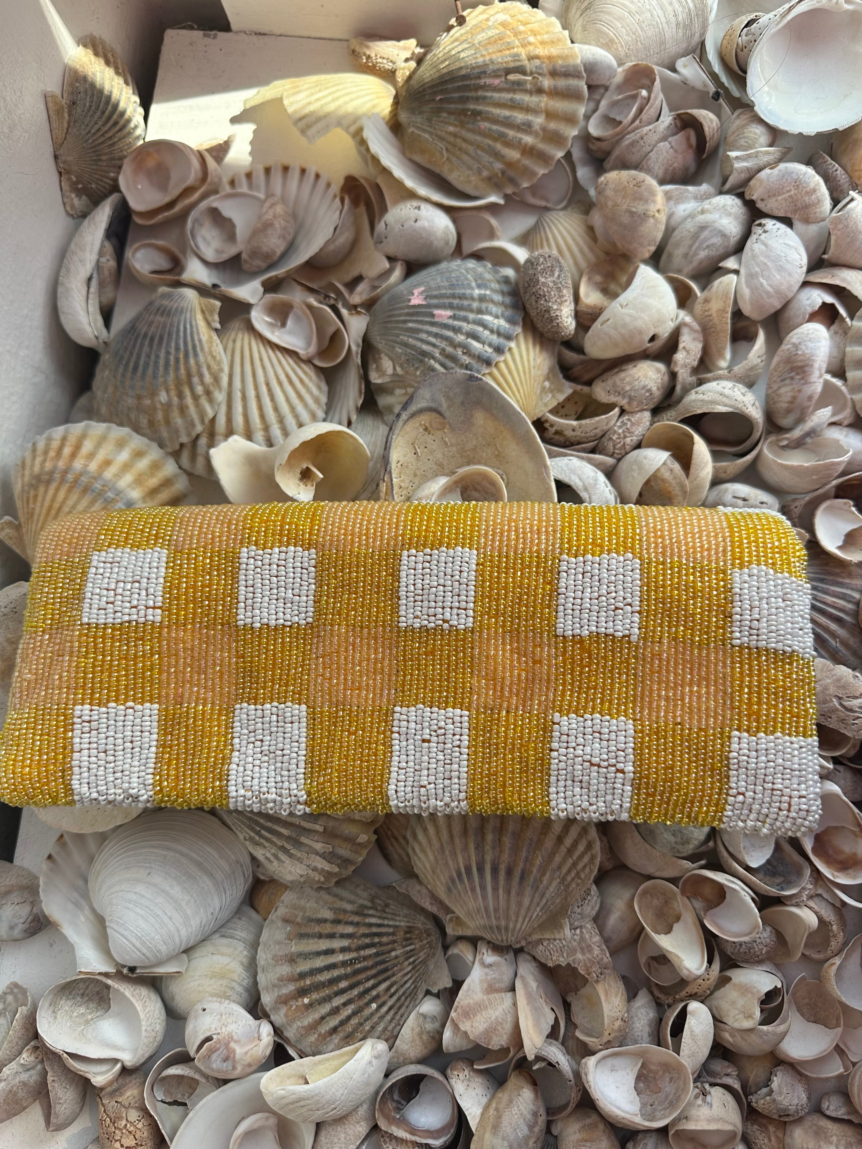 Yellow Gingham Island Beaded Clutch