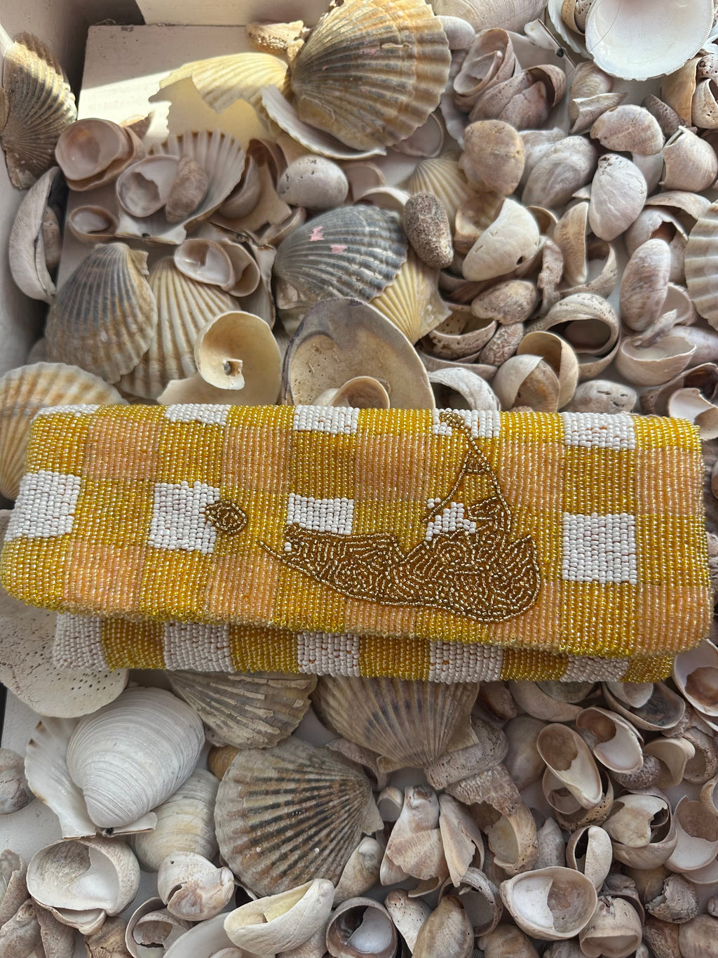 Yellow Gingham Island Beaded Clutch