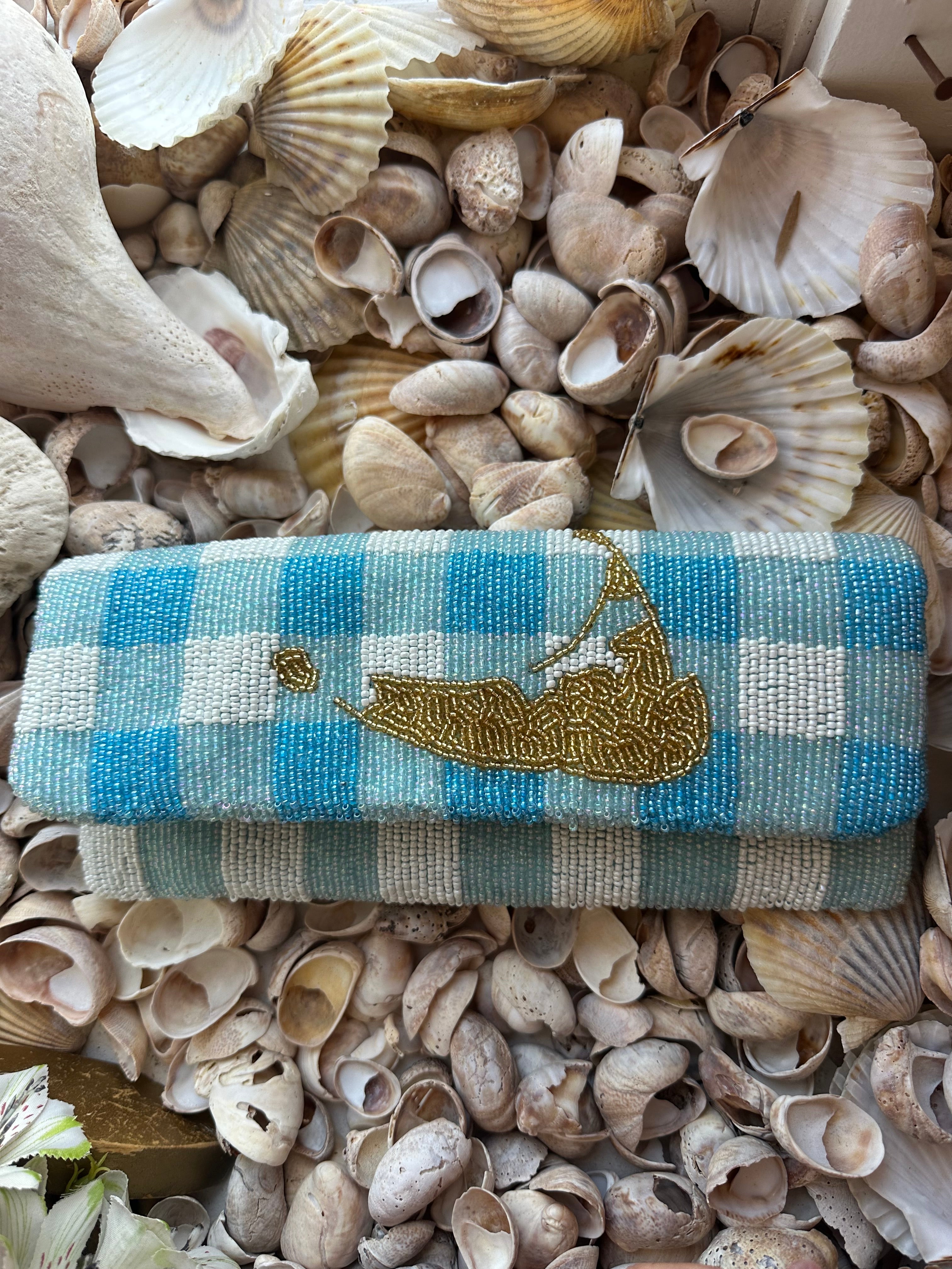 Light Blue Gingham Island Beaded Clutch
