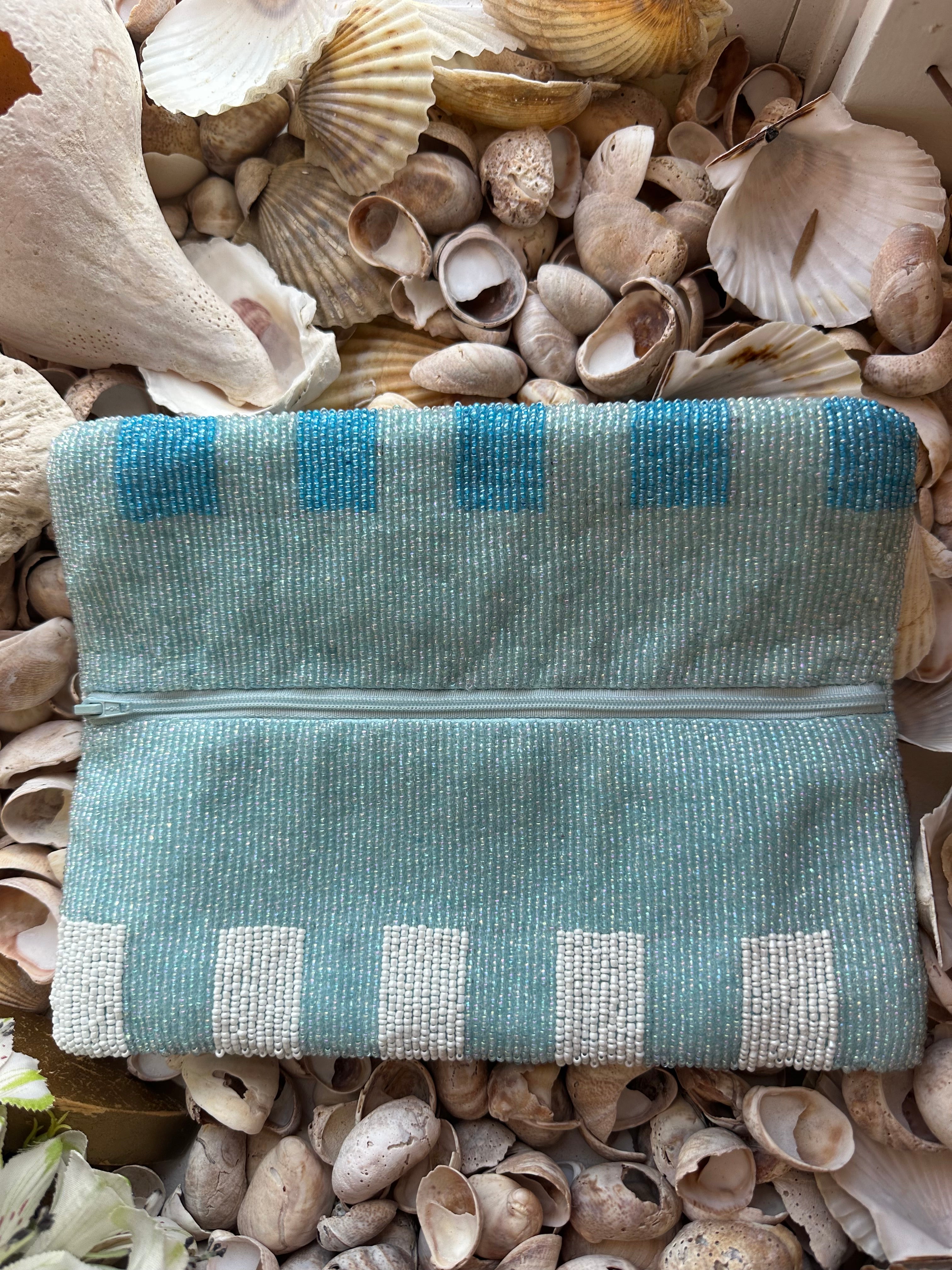 Light Blue Gingham Island Beaded Clutch