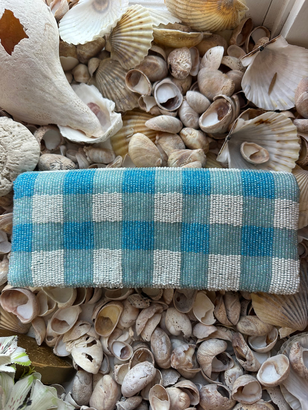 Light Blue Gingham Island Beaded Clutch
