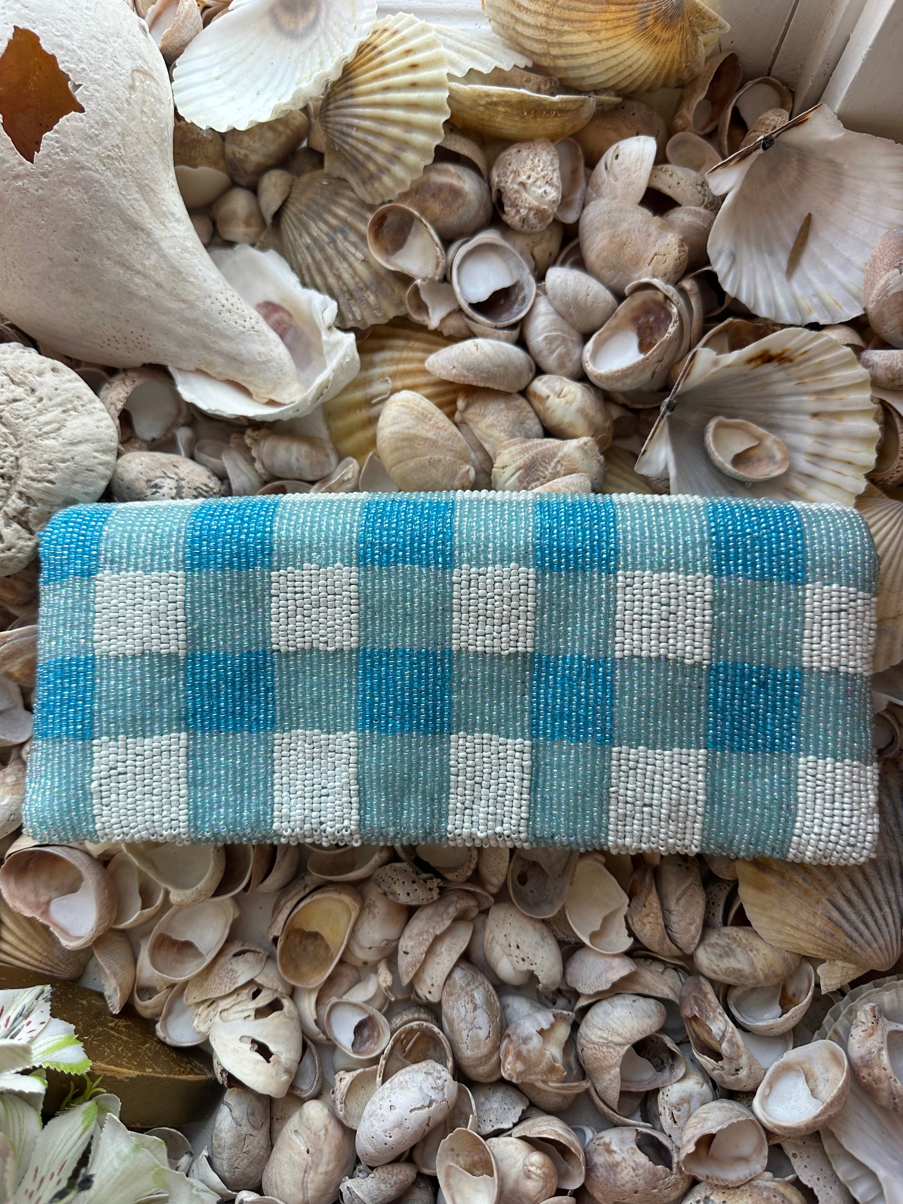 Light Blue Gingham Island Beaded Clutch