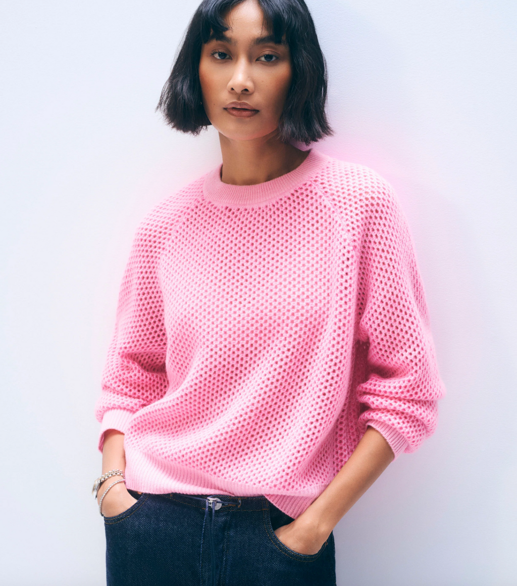 White + Warren Cashmere Mesh Sweatshirt in Pink Buds