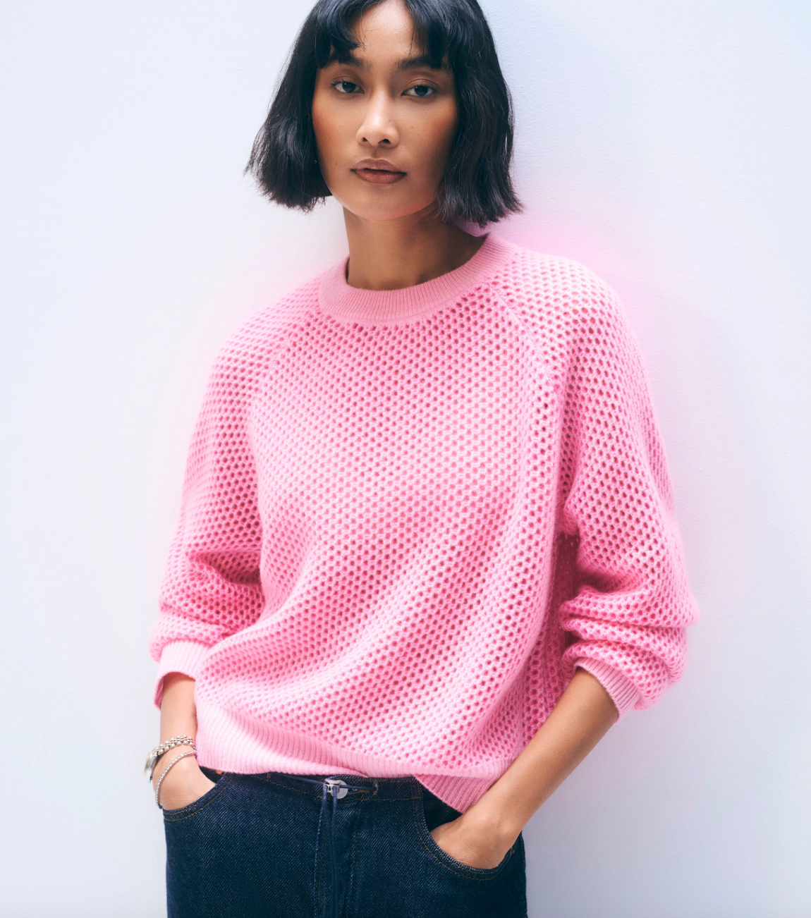 White + Warren Cashmere Mesh Sweatshirt in Pink Buds