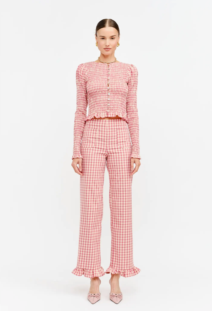 Gracie Gingham Pant with Ruffle Hem in Pink