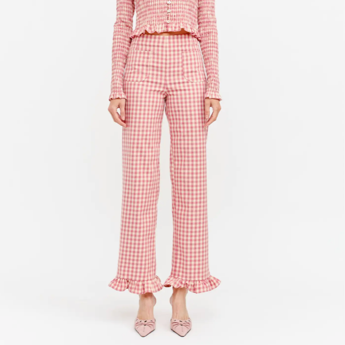 Gracie Gingham Pant with Ruffle Hem in Pink