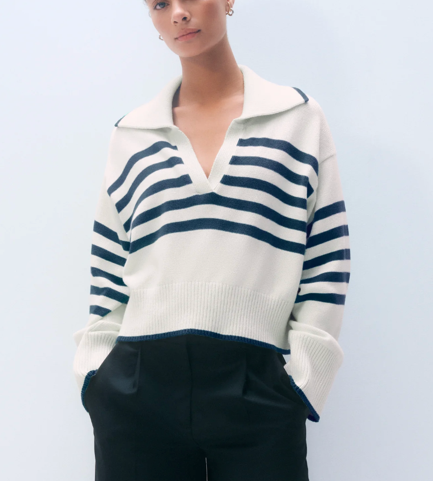 White + Warren Varsity Cotton Stripe Polo Sweater in White and Deep Navy
