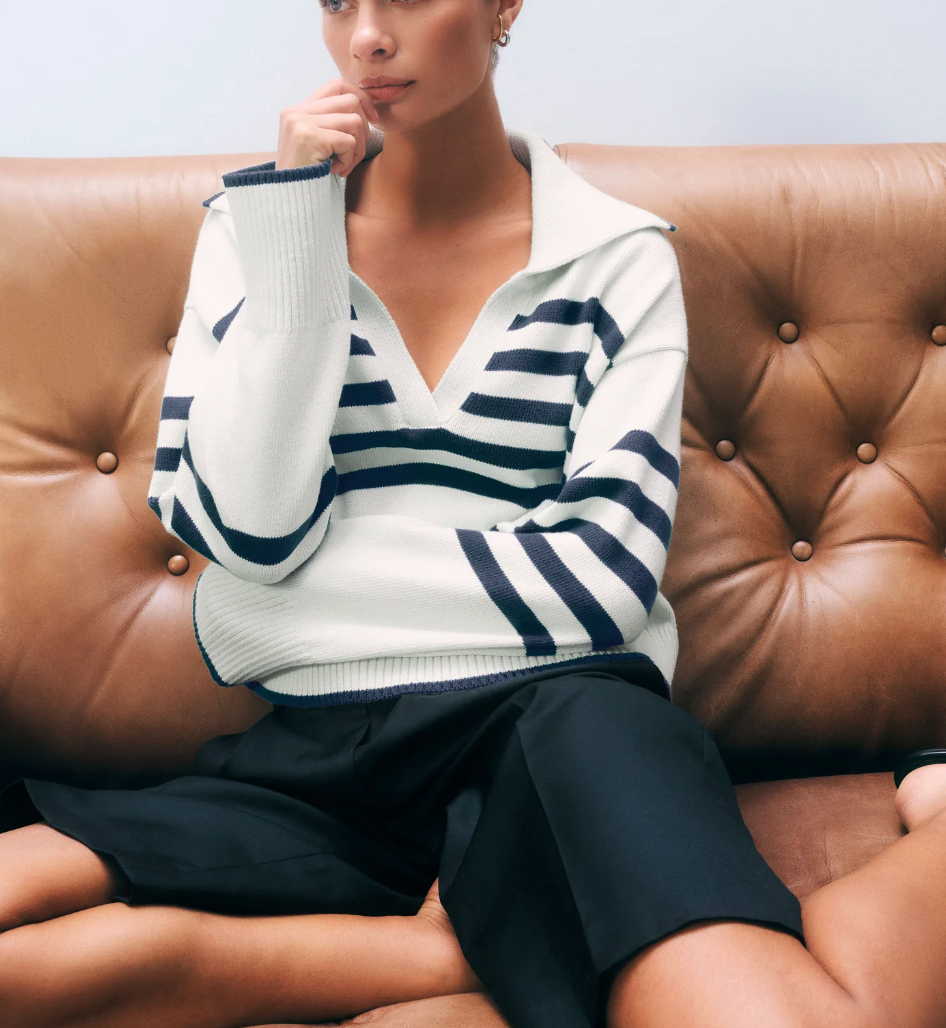 White + Warren Varsity Cotton Stripe Polo Sweater in White and Deep Navy
