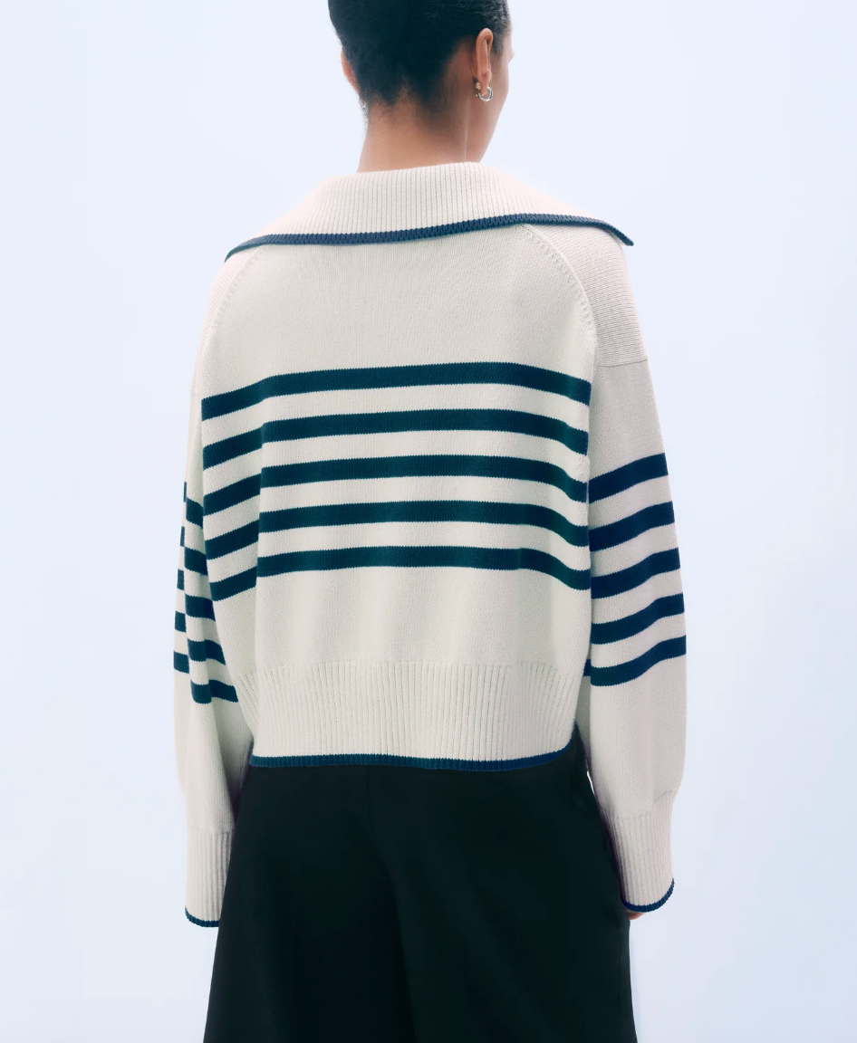 White + Warren Varsity Cotton Stripe Polo Sweater in White and Deep Navy