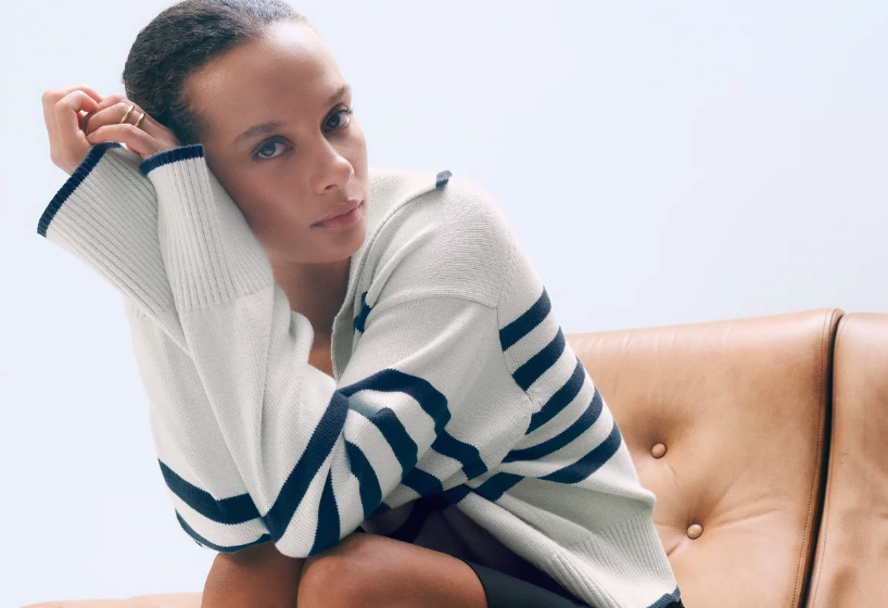 White + Warren Varsity Cotton Stripe Polo Sweater in White and Deep Navy