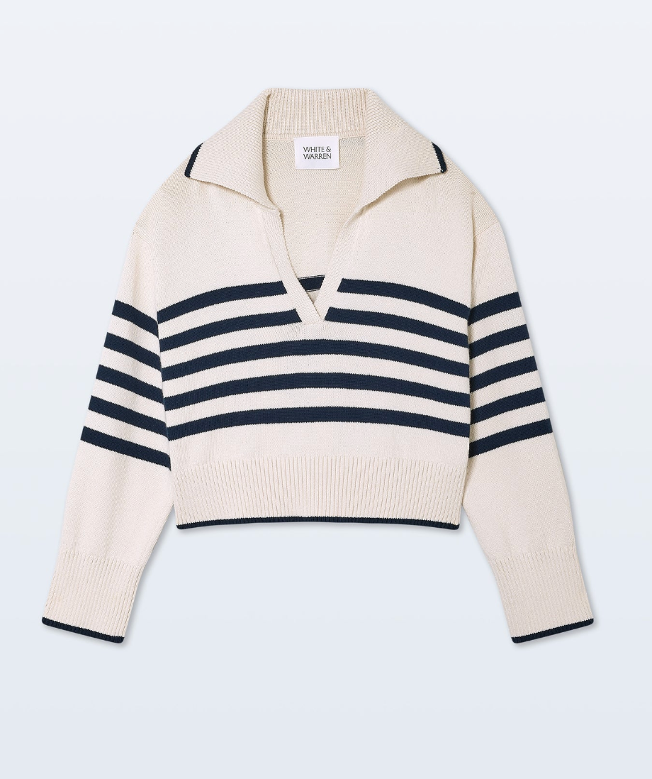 White + Warren Varsity Cotton Stripe Polo Sweater in White and Deep Navy