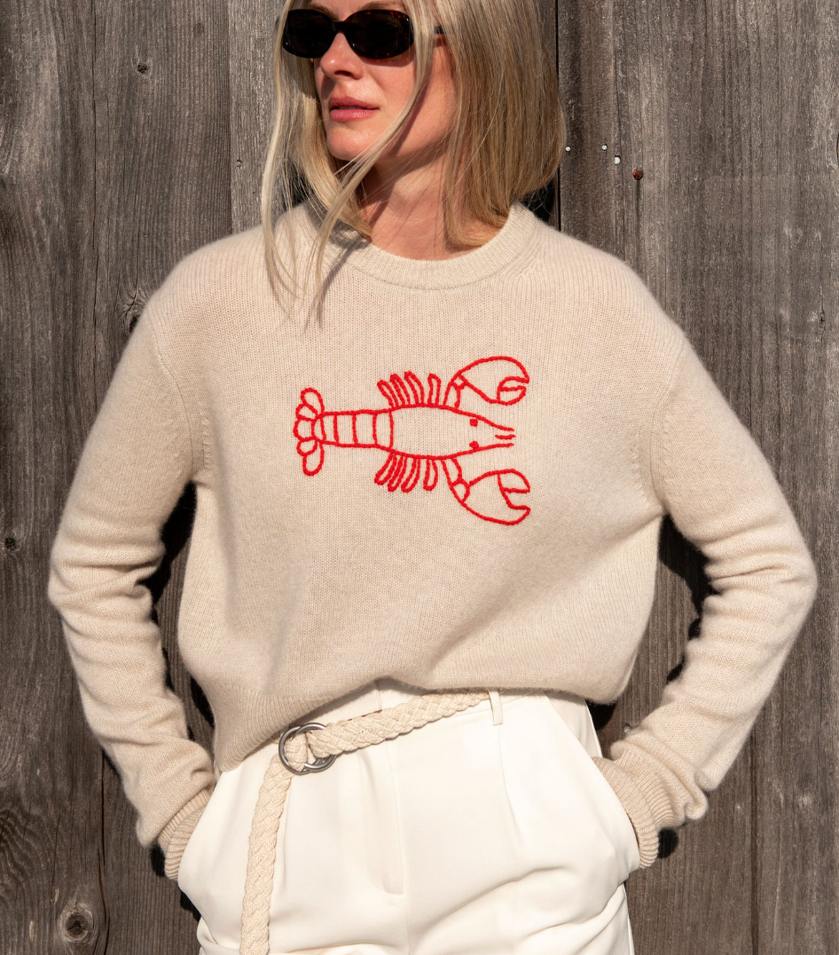 White + Warren Cashmere Embroidered Lobster Crewneck in Natural and Red