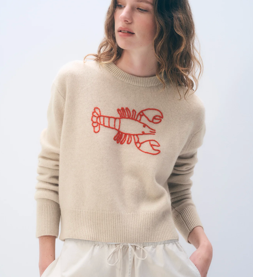 White + Warren Cashmere Embroidered Lobster Crewneck in Natural and Red