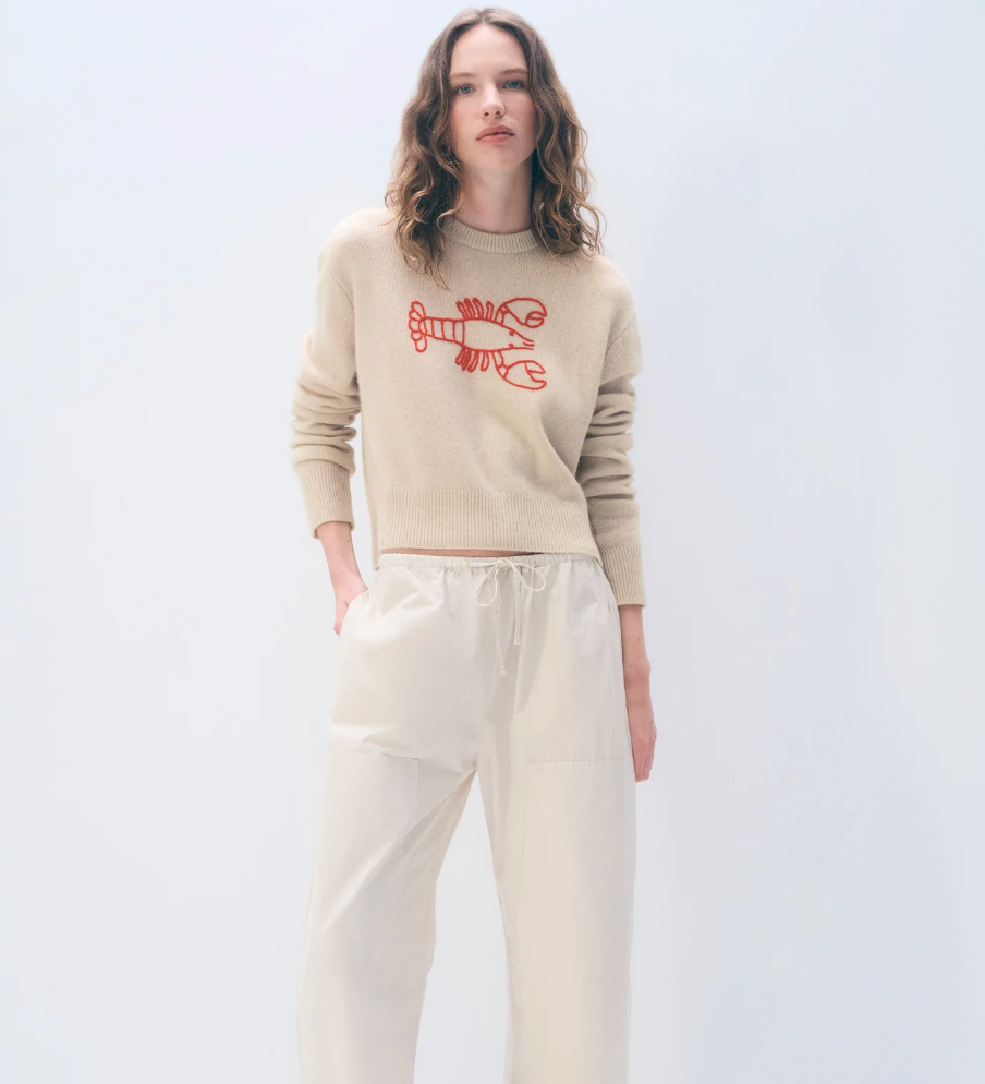 White + Warren Cashmere Embroidered Lobster Crewneck in Natural and Red