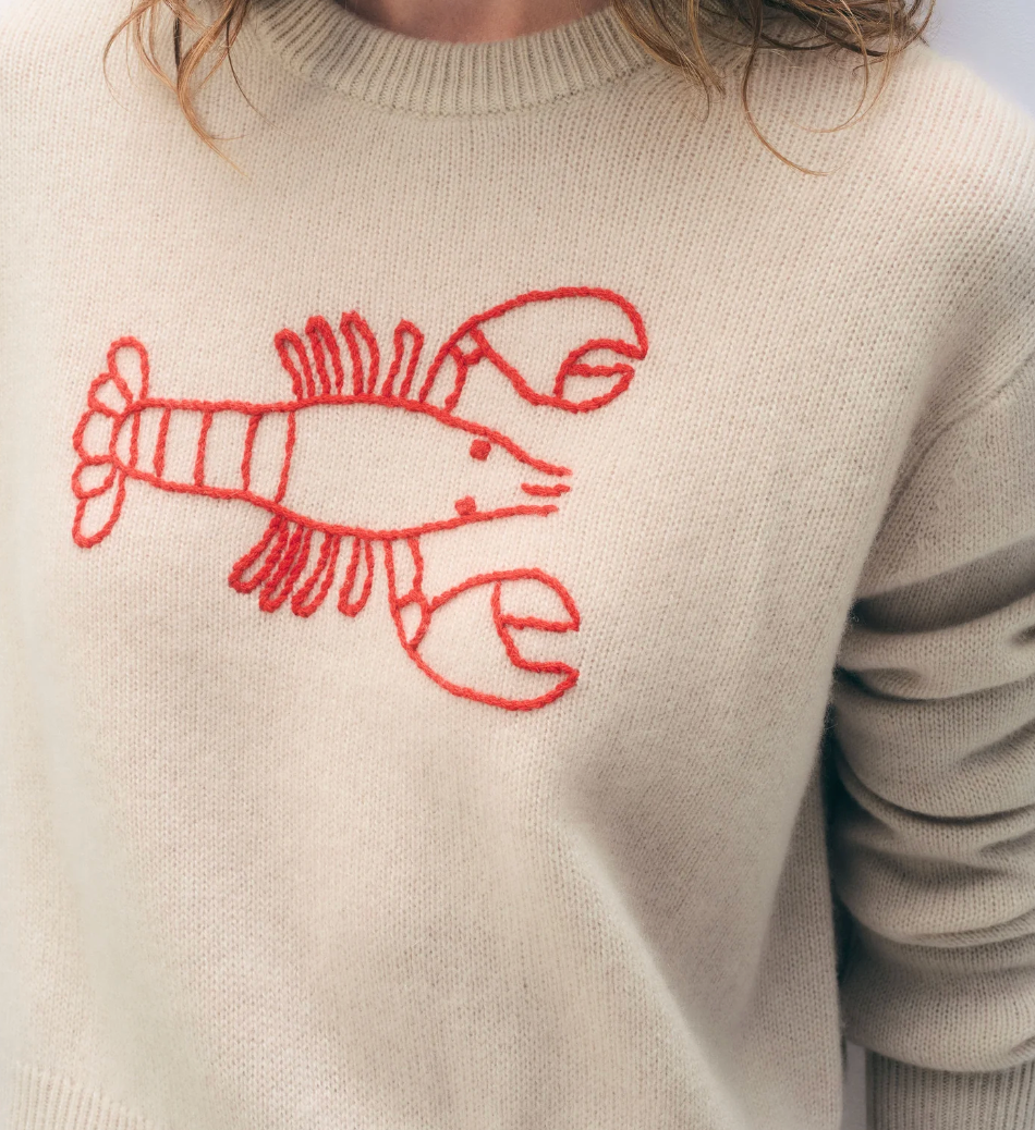 White + Warren Cashmere Embroidered Lobster Crewneck in Natural and Red