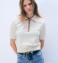 White + Warren Cashmere Button Polo Shirt in Soft White and Taupe Heather