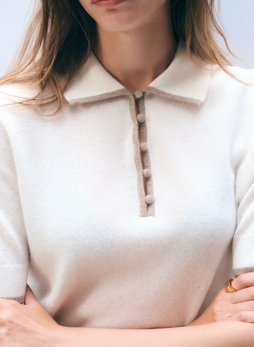 White + Warren Cashmere Button Polo Shirt in Soft White and Taupe Heather