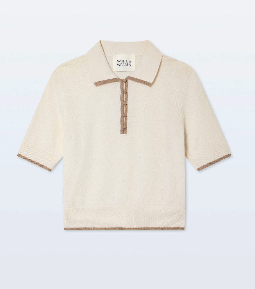 White + Warren Cashmere Button Polo Shirt in Soft White and Taupe Heather