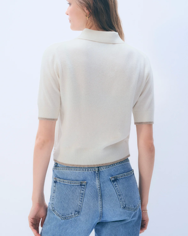 White + Warren Cashmere Button Polo Shirt in Soft White and Taupe Heather