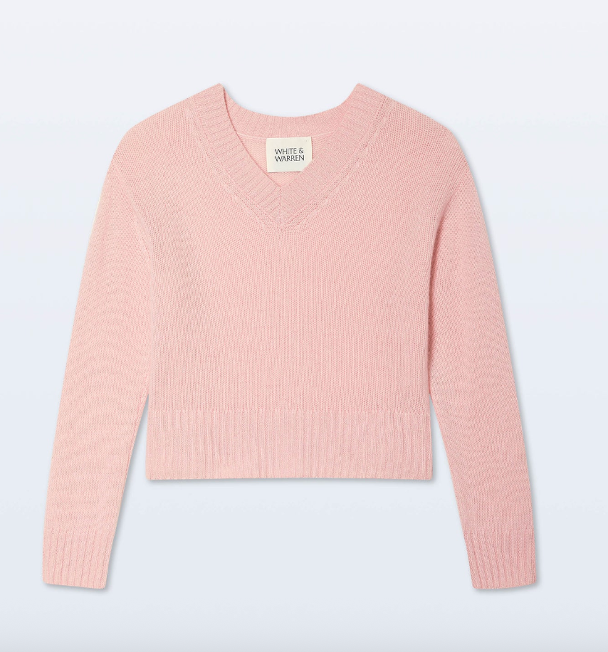 White + Warren Featherweight Cashmere V Neck Sweater in Pink Sands
